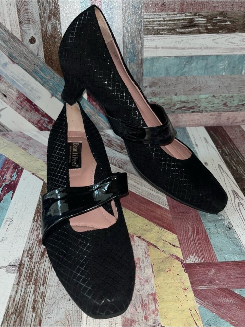Beautifeel Women’s Kitten Heels Shoes Black Square Inlaid Cross Strap EUC SZ 8